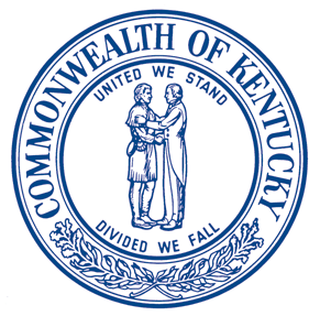 Kentucky State Seal - "Commonwealth of Kentucky - United We Stand, Divided We Fall" with an illustration of a pioneer and a businessman shaking hands